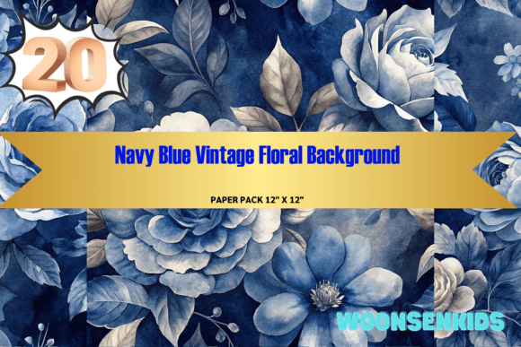 Download 20 Navy Blue Vintage Floral Background Watercolor Png Kdp Digital Paper - Vintage Collection