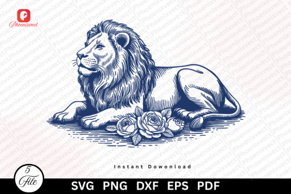 Download Vintage Hand Drawn Floral Lion SVG PNG - Vintage Collection